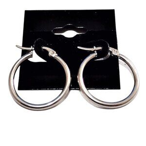 1 Inch 25mm Hoop Pierced Post Earrings 2mm Silver Tone